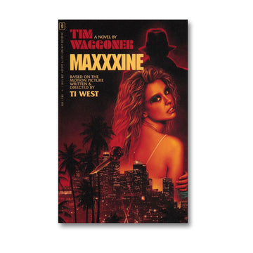 Book cover of 'Maxxxine' by Tim Waggoner with a cityscape and woman's face on a red background.